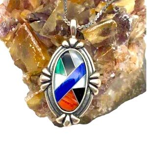 Carolyn Pollack Relios Southwest Style .925 Silver Pendant Necklace Stone Inlay